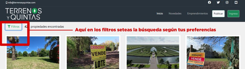 filtrar búsqueda de terrenos en funes